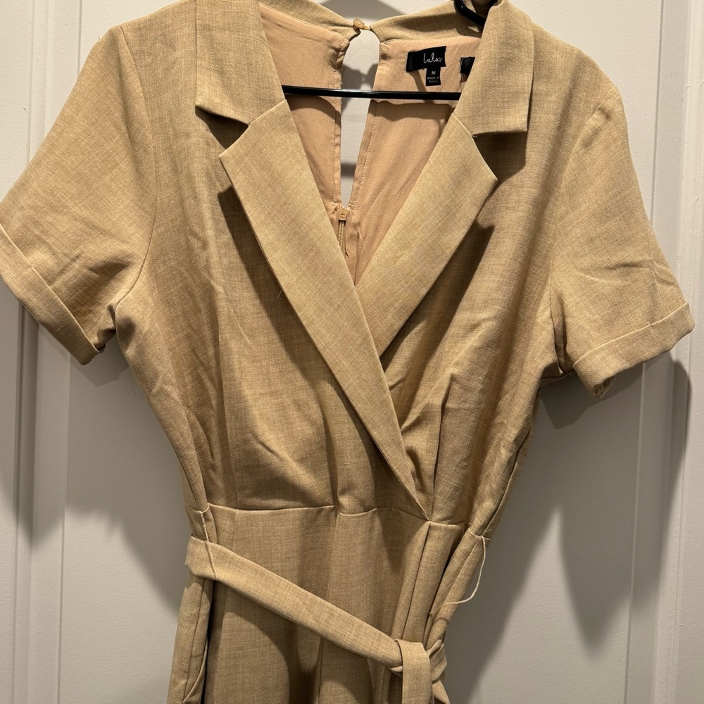 Lulu’s Sensible Sensation Beige Tie-Front Short Sleeve Jumpsuit - Picture 4 of 8